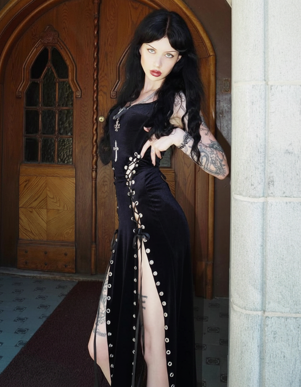 Gothic Dusk Women's Maxi Dress | Body-Hugging Polyester Blend, Edgy Lace-Up Details 1
