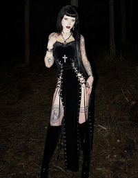 Gothic Dusk Women's Maxi Dress | Body-Hugging Polyester Blend, Edgy Lace-Up Details 3