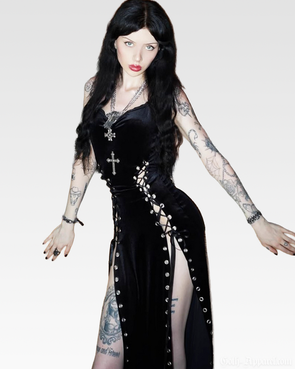 Gothic Dusk Women's Maxi Dress | Body-Hugging Polyester Blend, Edgy Lace-Up Details 0