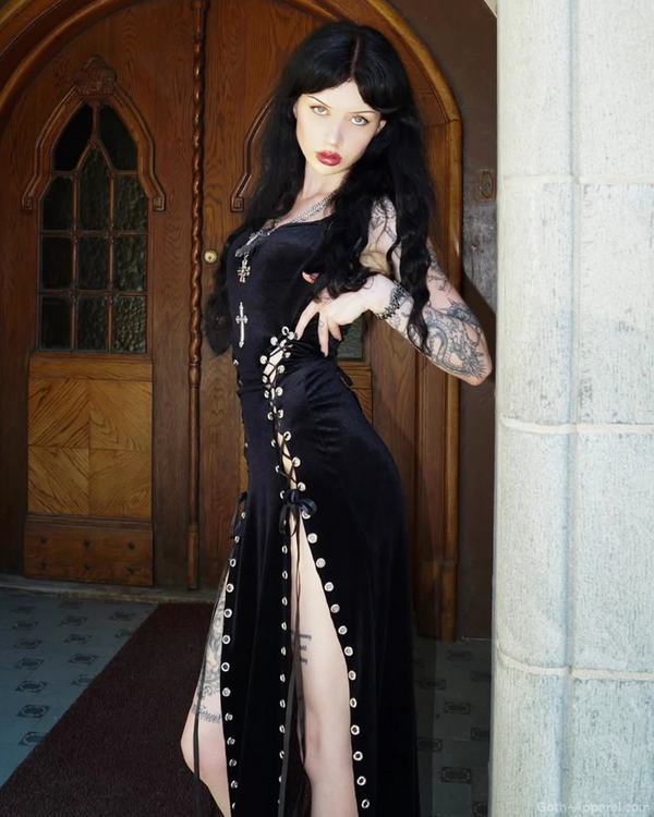 Gothic Dusk Women's Maxi Dress | Body-Hugging Polyester Blend, Edgy Lace-Up Details 1