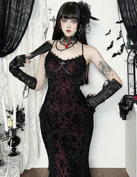 Gothic Elegance Women's Black Maxi Dress | Sheer Mesh Overlay with Lace Trim 2