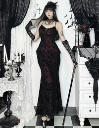 Gothic Elegance Women's Black Maxi Dress | Sheer Mesh Overlay with Lace Trim 4