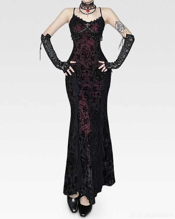 Gothic Elegance Women's Black Maxi Dress | Sheer Mesh Overlay with Lace Trim 0