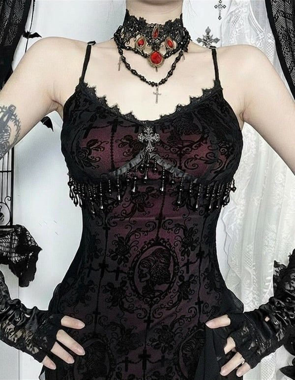 Gothic Elegance Women's Black Maxi Dress | Sheer Mesh Overlay with Lace Trim 1