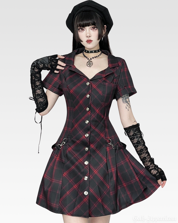 Gothica Women's Dress | Black and Red Plaid, Fitted Waist with Flared Skirt 0