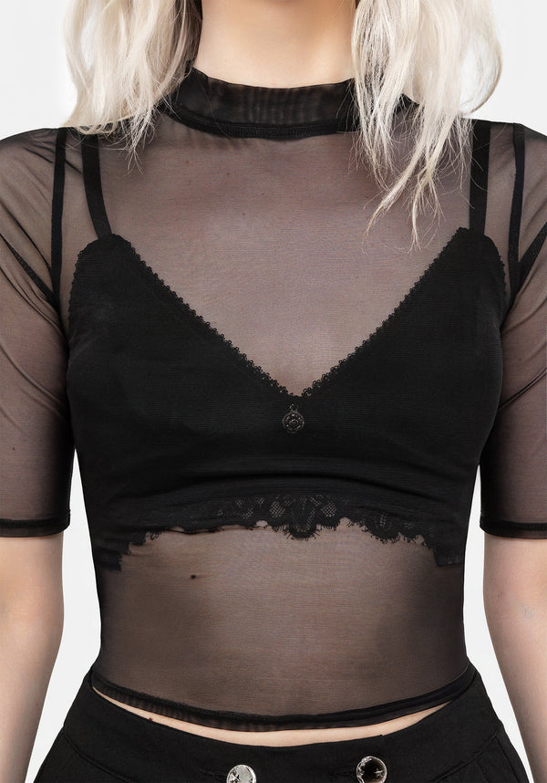 Jade Women's Black Crop Top | Stretchy Mesh, High Neckline 1