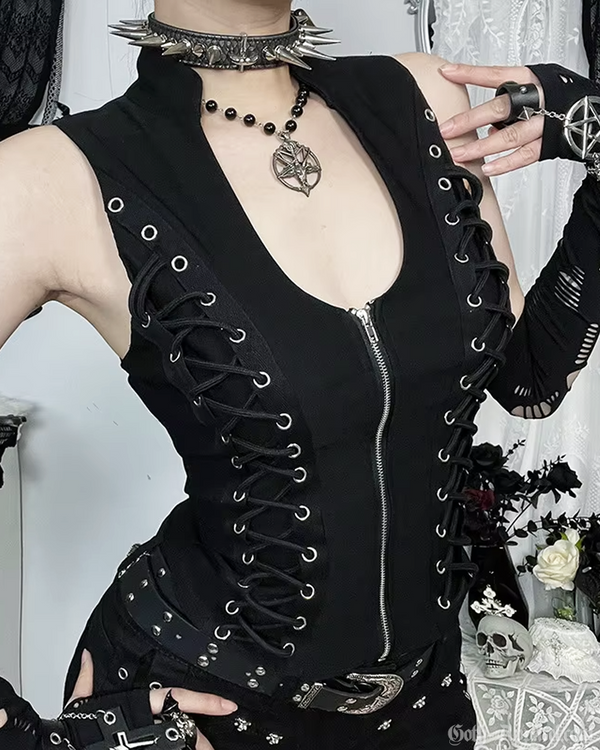 Lara Women's Goth Top | Lace-Up Design, Fitted Polyester Blend 1