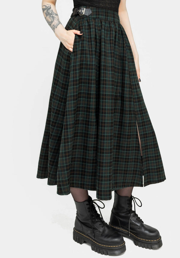 Nina Women's Midi Skirt | Green Check Pattern with Buckle Detail 0