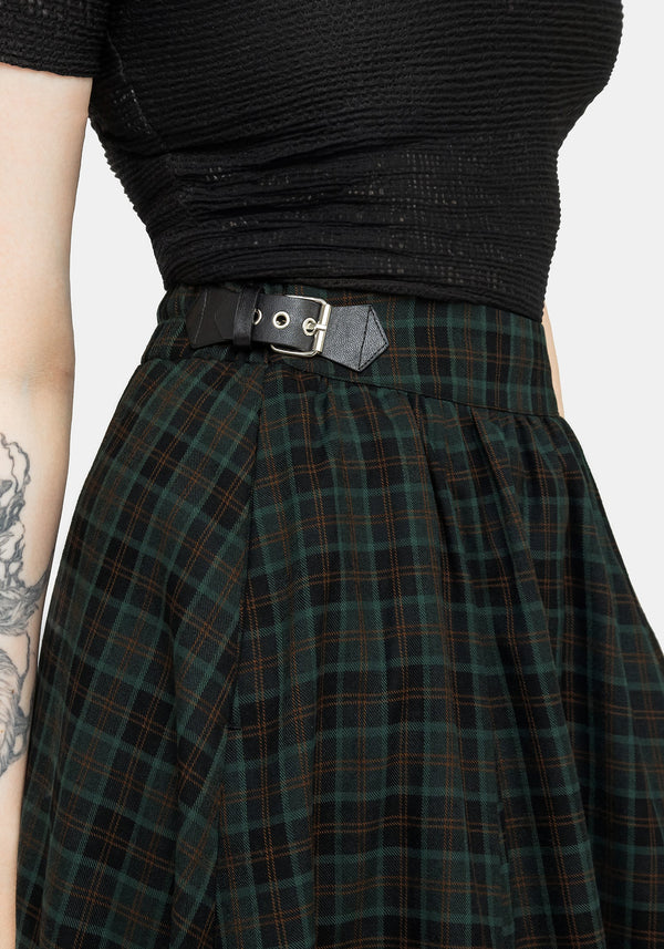 Nina Women's Midi Skirt | Green Check Pattern with Buckle Detail 1