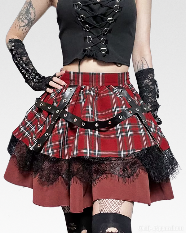 Parker Women's Black Skirt | Layered Plaid with Faux Leather Straps 0