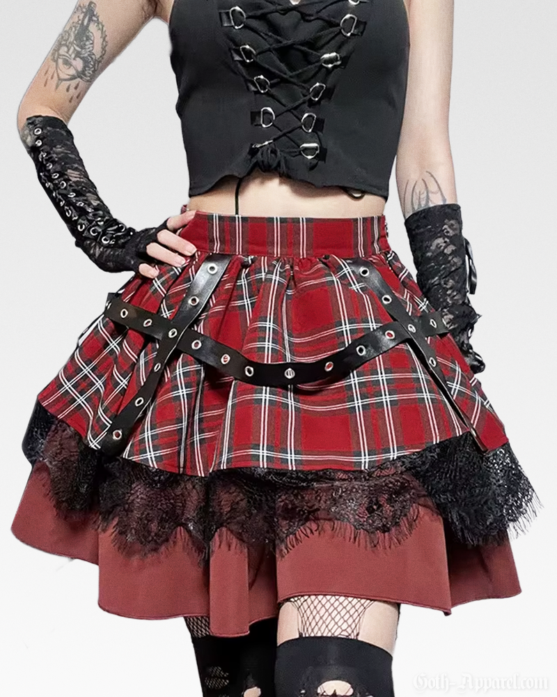 Parker Women's Black Skirt | Layered Plaid with Faux Leather Straps 0