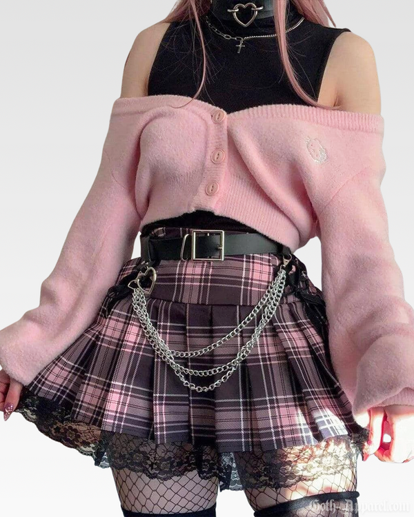Pinky Women's Mini Skirt | Pleated Pink and Black Plaid, High-Waisted 0