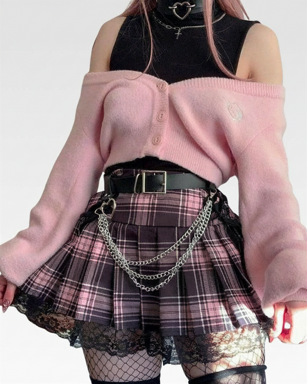 Pinky Women's Mini Skirt | Pleated Pink and Black Plaid, High-Waisted 0