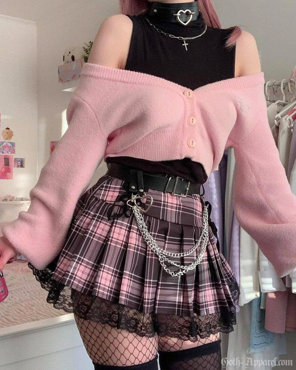 Pinky Women's Mini Skirt | Pleated Pink and Black Plaid, High-Waisted 1