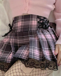 Pinky Women's Mini Skirt | Pleated Pink and Black Plaid, High-Waisted 4