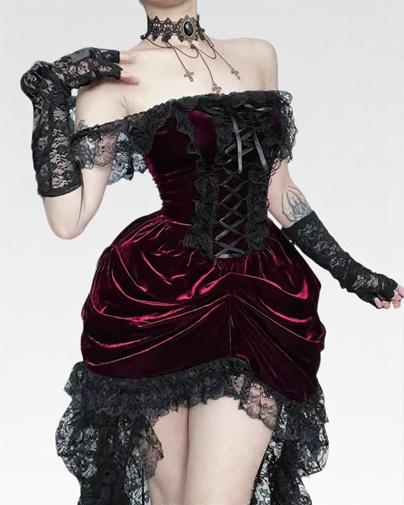 Raven Women's Velvet Dress | Off-Shoulder Lace Accents, Corset Fit 0