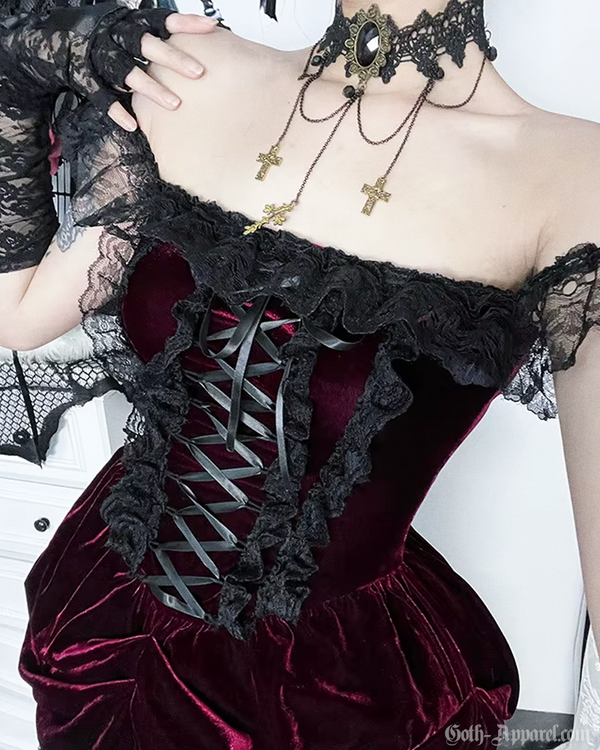 Raven Women's Velvet Dress | Off-Shoulder Lace Accents, Corset Fit 1