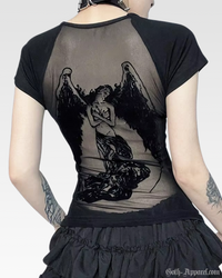 Sable Women's Top | Sheer Mesh Back with Angel Print, Fitted 0