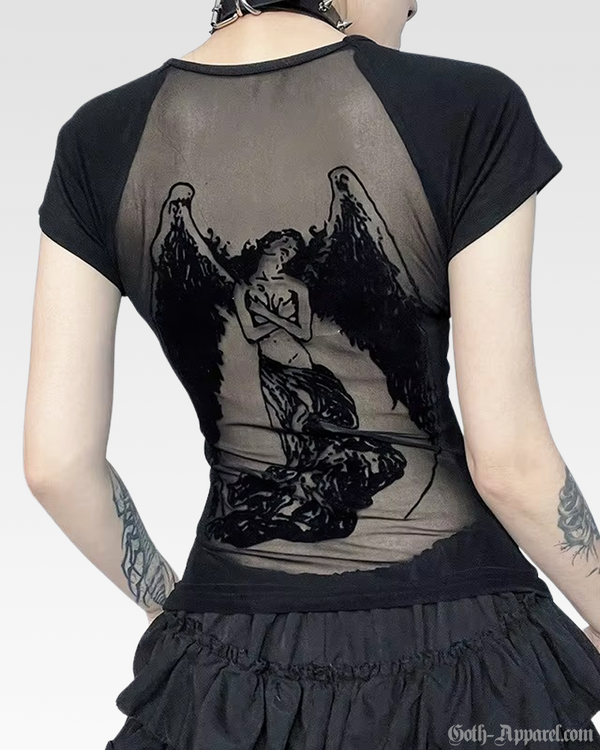 Sable Women's Top | Sheer Mesh Back with Angel Print, Fitted 0