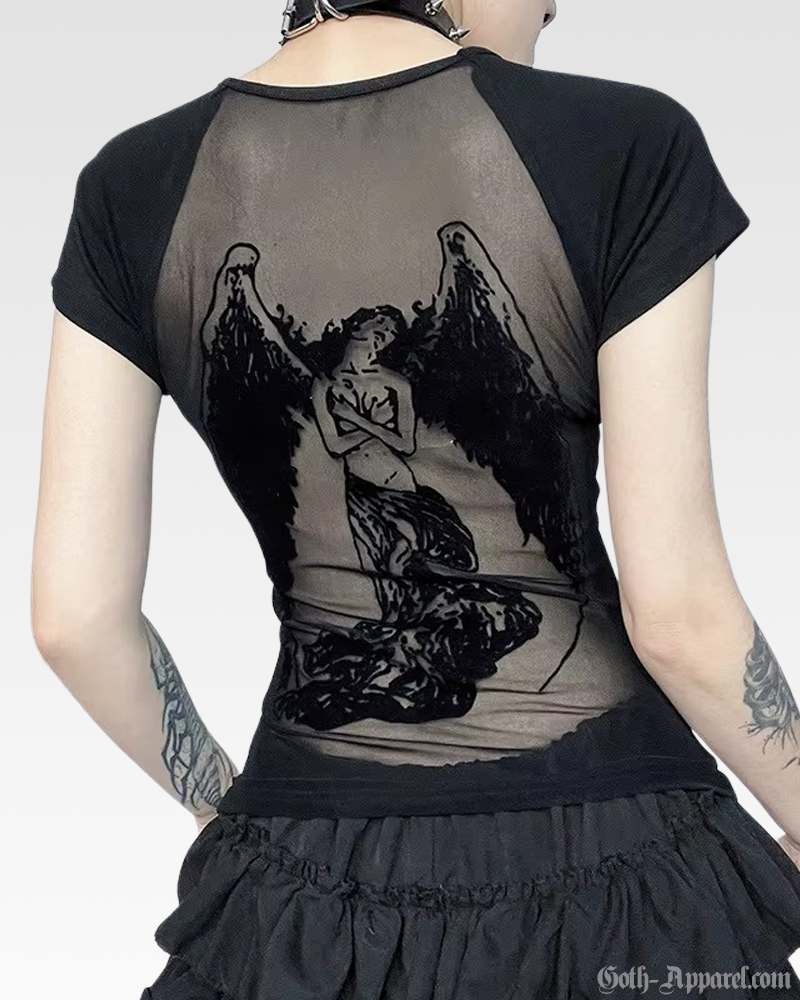 Sable Women's Top | Sheer Mesh Back with Angel Print, Fitted 0