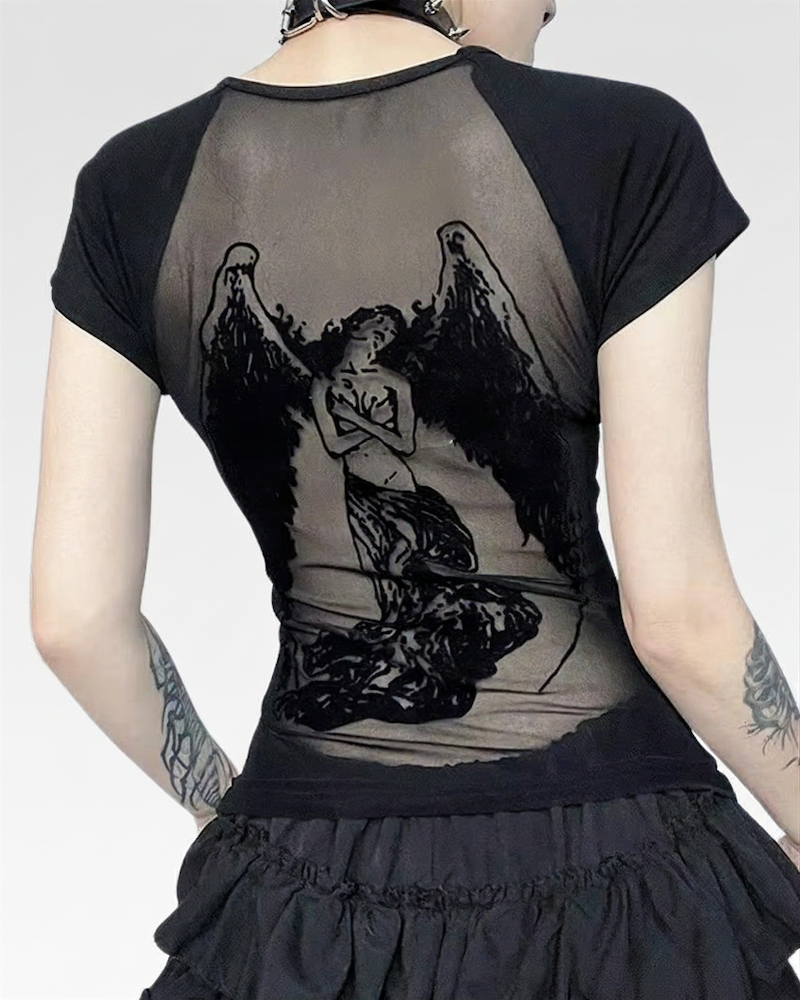Sable Women's Top | Sheer Mesh Back with Angel Print, Fitted 0