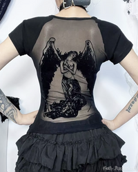 Sable Women's Top | Sheer Mesh Back with Angel Print, Fitted 1