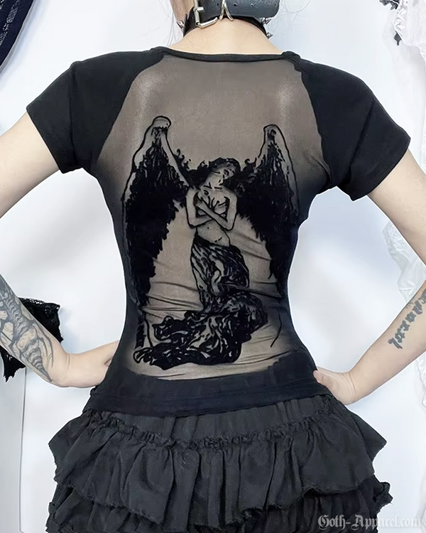Sable Women's Top | Sheer Mesh Back with Angel Print, Fitted 1