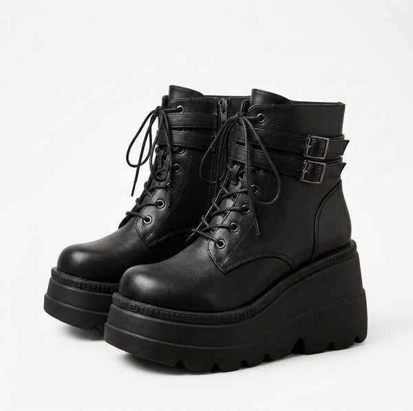 Women's Chunky Gothic Ankle Platform Boots – Lace-Up Buckle Wedge Booties 5