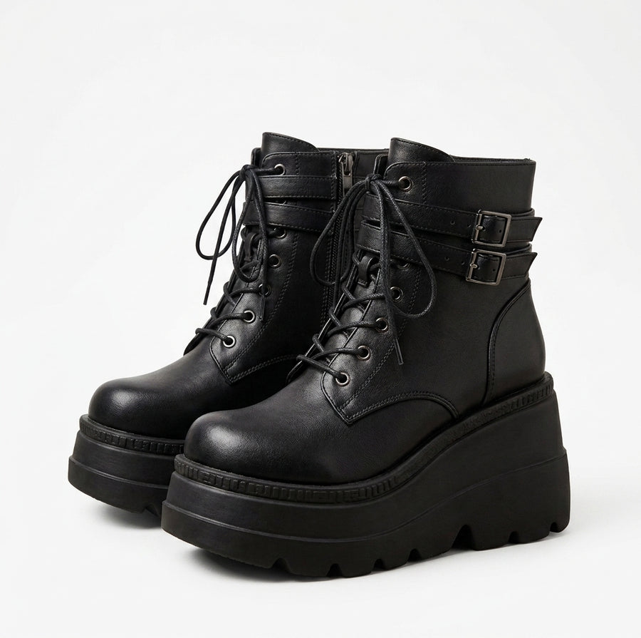 Women's Chunky Gothic Ankle Platform Boots – Lace-Up Buckle Wedge Booties 5