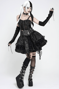 Black Gothic Corset Mini Skirt with Lace-Up Details