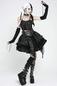 Black Gothic Corset Mini Skirt with Lace-Up Details