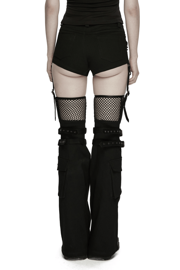 Black Lace-Up Punk Shorts with Detachable Flared Pants