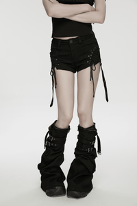 Black Lace-Up Punk Shorts with Detachable Flared Pants