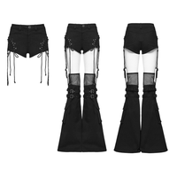 Black Lace-Up Punk Shorts with Detachable Flared Pants