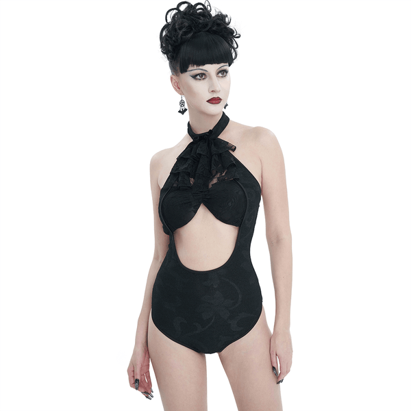 Black Gothic One-Piece Swimsuit with Cutout & Lace Details