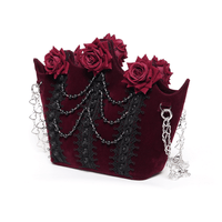 Burgundy Velvet Gothic Rose Shoulder Bag with Chain Straps