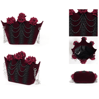 Burgundy Velvet Gothic Rose Shoulder Bag with Chain Straps