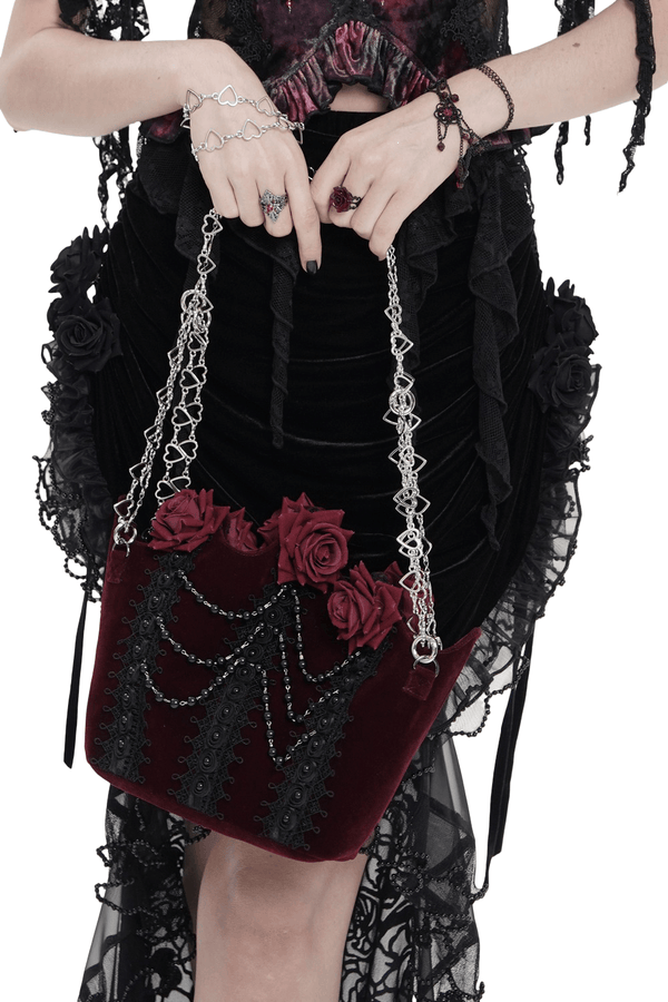 Burgundy Velvet Gothic Rose Shoulder Bag with Chain Straps
