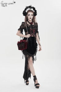 Burgundy Velvet Gothic Rose Shoulder Bag with Chain Straps