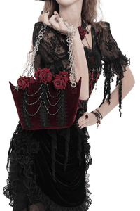 Burgundy Velvet Gothic Rose Shoulder Bag with Chain Straps