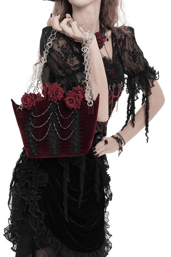 Burgundy Velvet Gothic Rose Shoulder Bag with Chain Straps