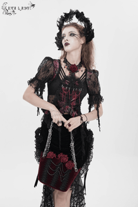 Burgundy Velvet Gothic Rose Shoulder Bag with Chain Straps