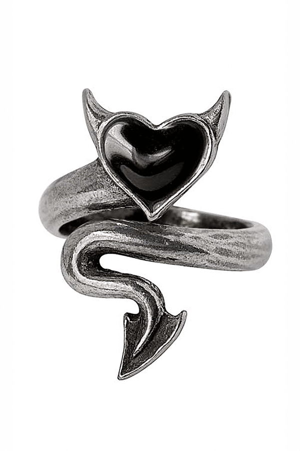 Black Enamel Devil Heart Wrap Ring | Gothic Pewter