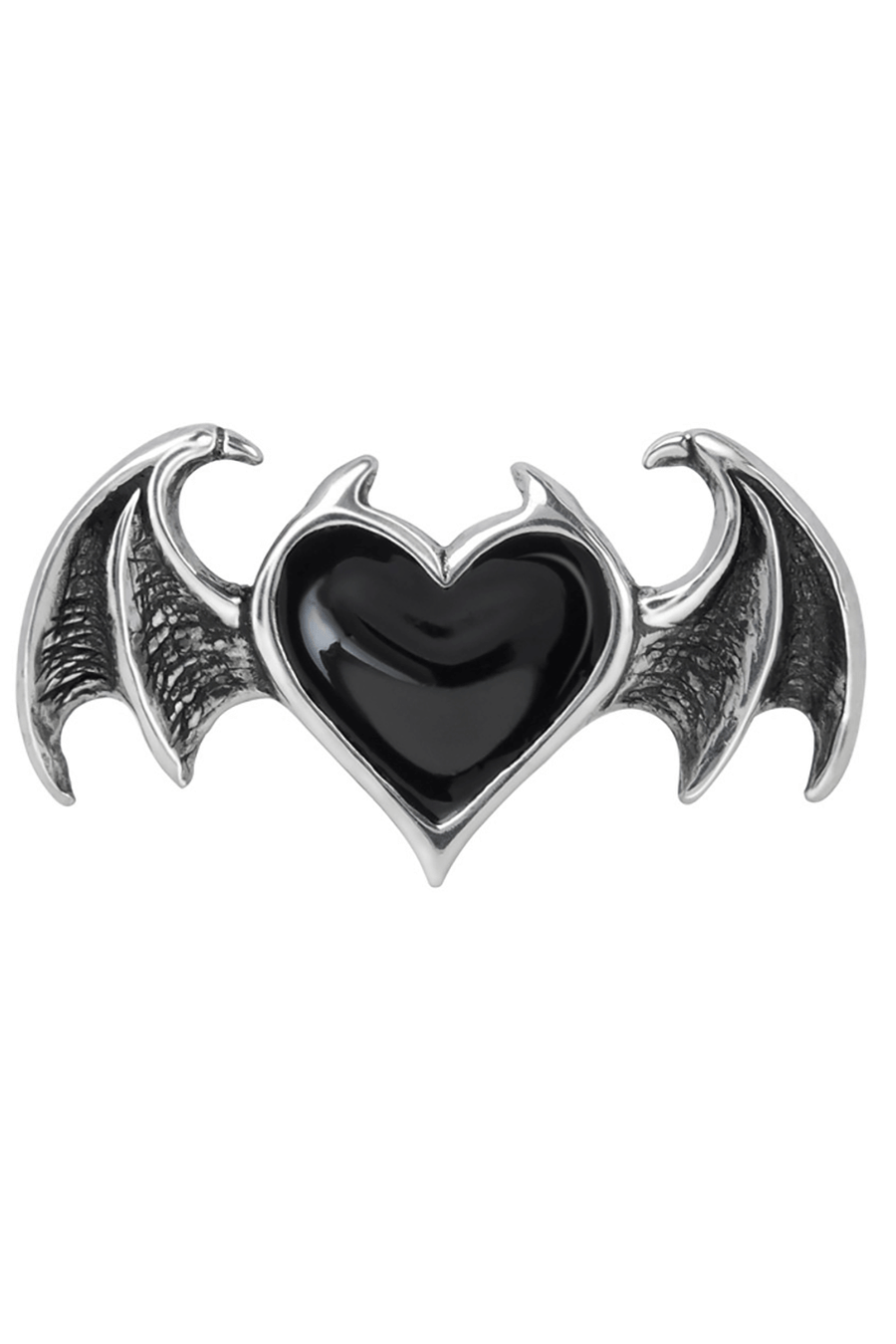 English Pewter Black Heart Ring with Bat Wings – Gothic Statement