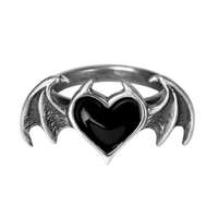 English Pewter Black Heart Ring with Bat Wings – Gothic Statement