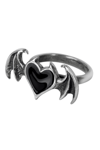 English Pewter Black Heart Ring with Bat Wings – Gothic Statement