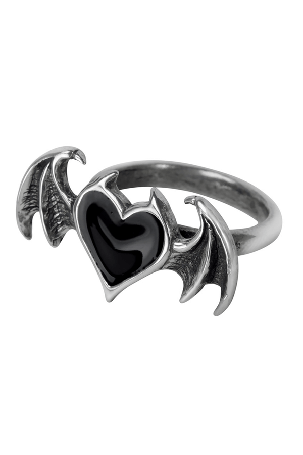 English Pewter Black Heart Ring with Bat Wings – Gothic Statement