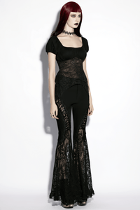Black Gothic Lace Denim Flared Pants for Women