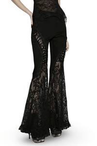 Black Gothic Lace Denim Flared Pants for Women