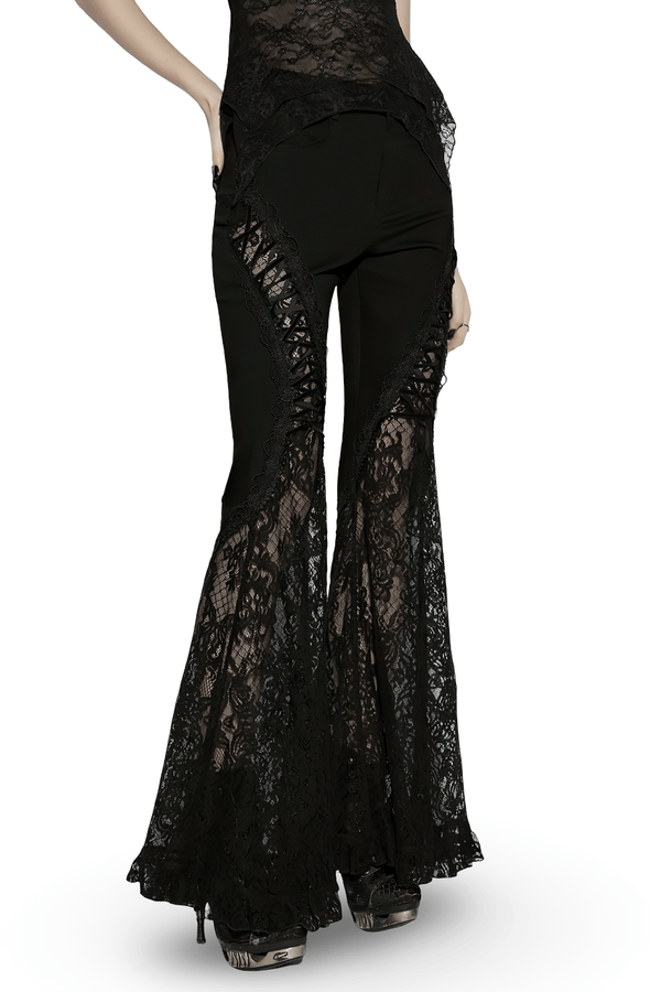 Black Gothic Lace Denim Flared Pants for Women
